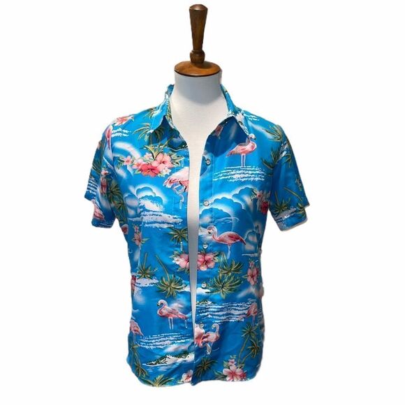 SSLR blue tropical button front collared shirt sm - Picture 1 of 12